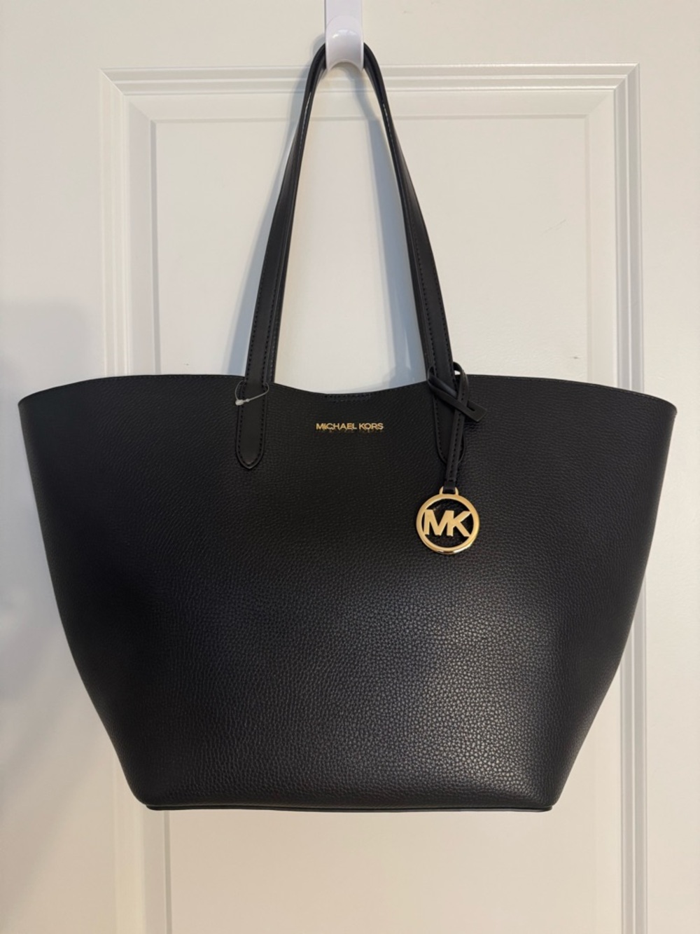 Michael Kors Black Pebbled Leather Tote with Gold MK Charm